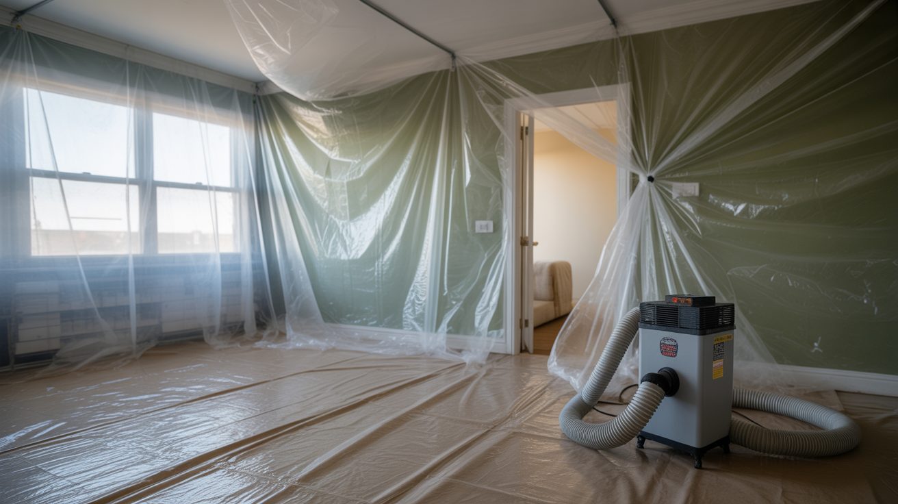 Contención con lámina de plástico y extractor de aire en un trabajo de moho en Charleston